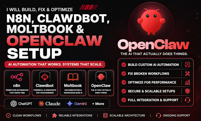 build, fix, and optimize n8n, clawdbot, moltbook and openclaw setup