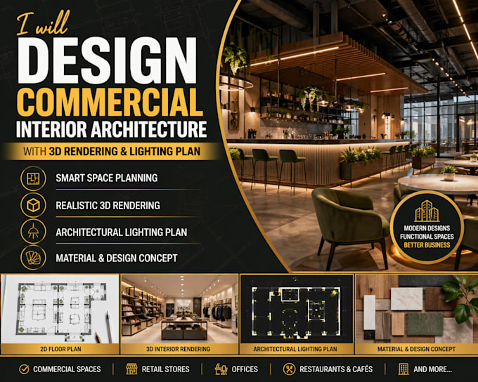 design commercial interior architecture with 3d rendering and lighting plan