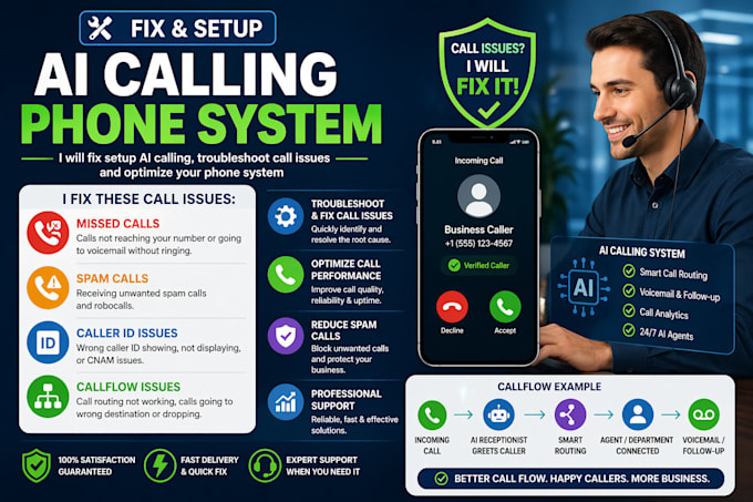 fix setup ai calling phone system,missed call,spam call,caller id issue,callflow