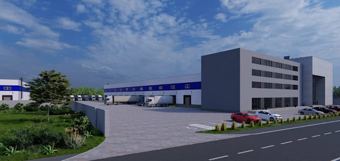 visualize 3d industrial warehouse,site plan layout,cgi retail exterior rendering