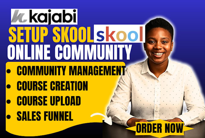 skool community setup, branding, course content, kajabi