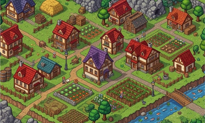 do top down pixel art tileset, 2d pixel map tileset, tile map rpg game asset