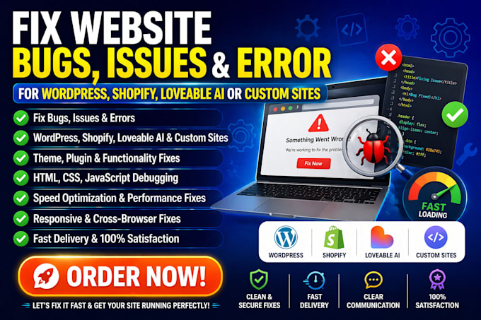 fix bugs issues error for wordpress shopify  loveable ai or custom website
