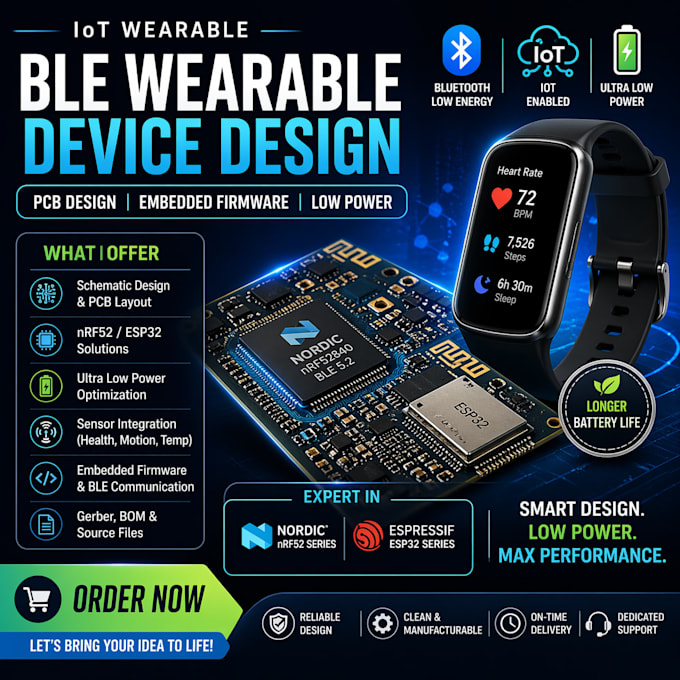 develop iot wearable ble device design, pcb and embedded firmware nrf52 esp32