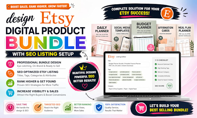design etsy digital product bundle with SEO listing setup