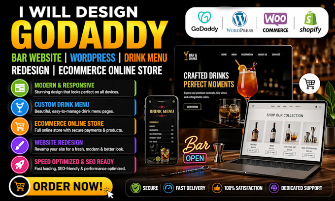 godaddy bar drink menu ecommerce online store wordpress website design redesign