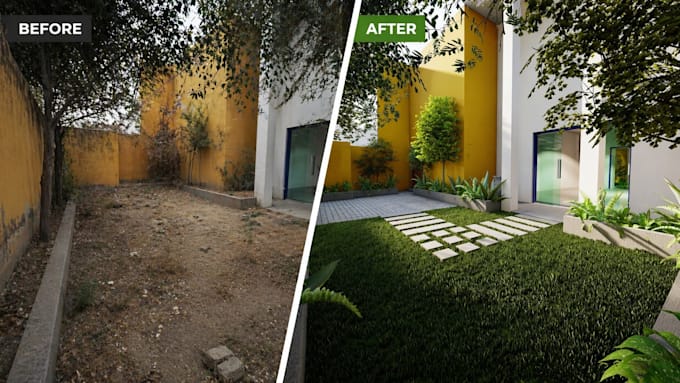 do backyard design with 2d plan and 3d render