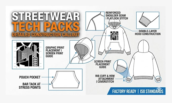 create a professional streetwear tech pack and technical flats