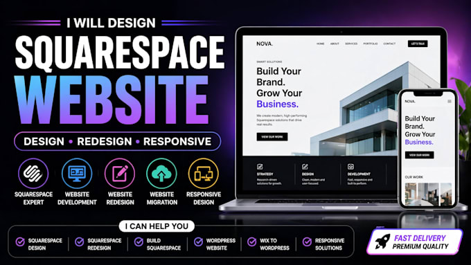 design squarespace website, redesign, responsive web dev