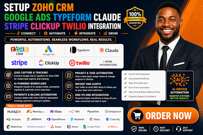 setup zoho crm google ads typeform claude stripe clickup twilio integration
