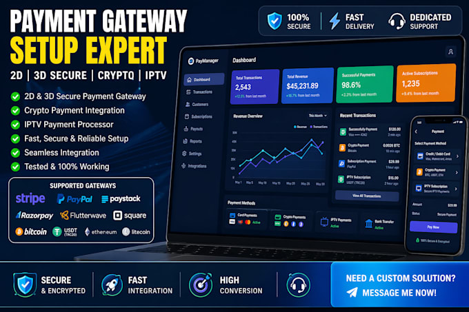 setup payment gateway, 2d, 3d payment gateway, iptv payment processor, crypto