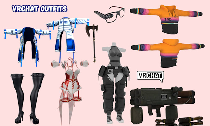 create custom vrchat assets vrchat outfits weapon items accesories props, vrc