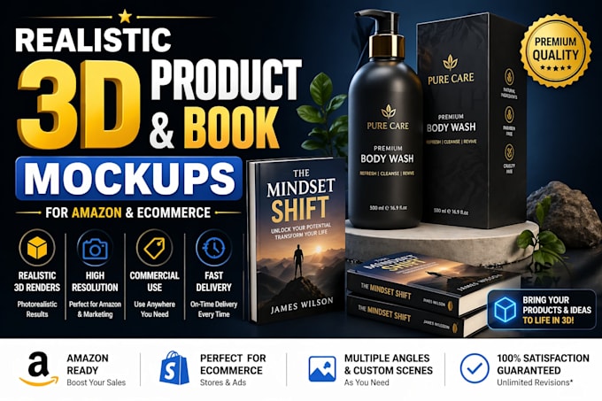 create realistic 3d product and book mockups for amazon