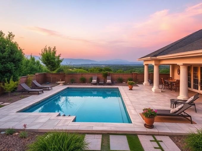 design landscape, terrace, backyard, pool, and patio