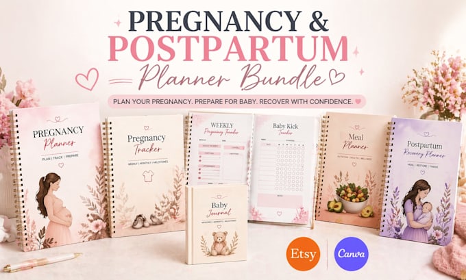 design pregnancy planner, tracker, meal plan and postpartum mom bundle