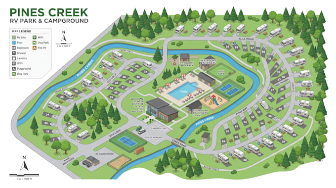 design 2d 3d vector map, rv park resort map, campground map, property maps