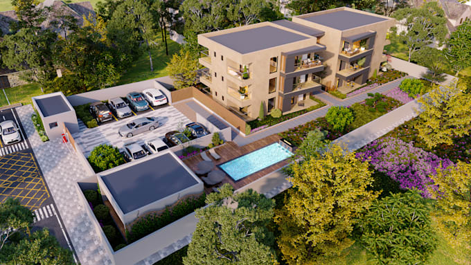 do photorealistic 3d commercial building exterior rendering