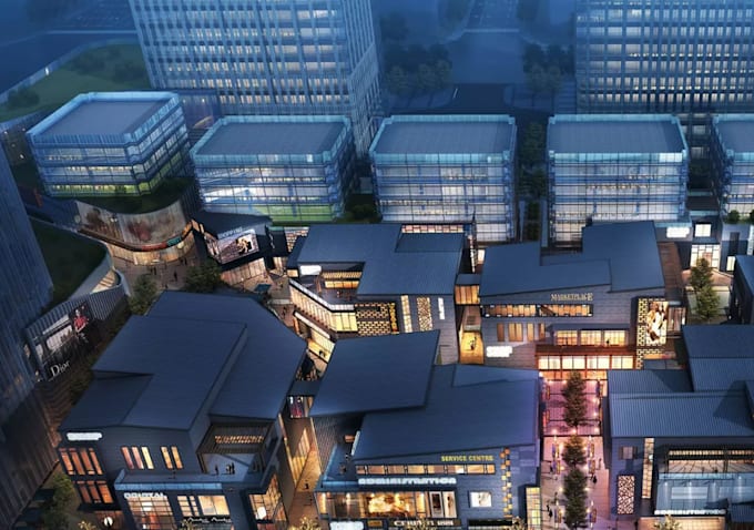 3d commercial district,housing development,urban dusk render, cgi retail complex
