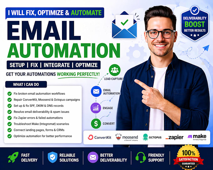 email automation convertkit moosend octopus spf dkim make com zapier errors