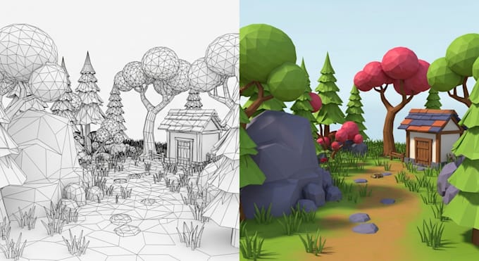 design complete low poly 3d game environment and asset pack for unity