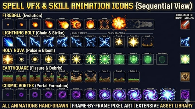 create pixel art vfx spell animation skill icons particle effects game assets
