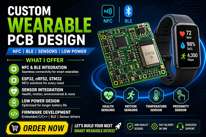 custom wearable pcb design, nfc, ble, sensors, esp32, nrf52 embedded systems iot