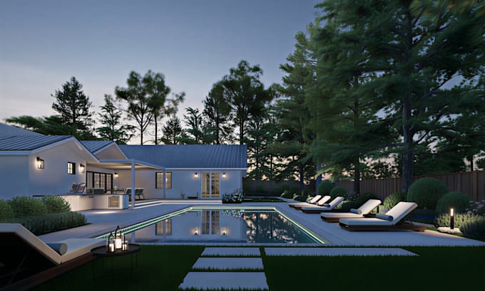 do landscape backyard design, 3d rendering, pool, patio, pergola, garden design