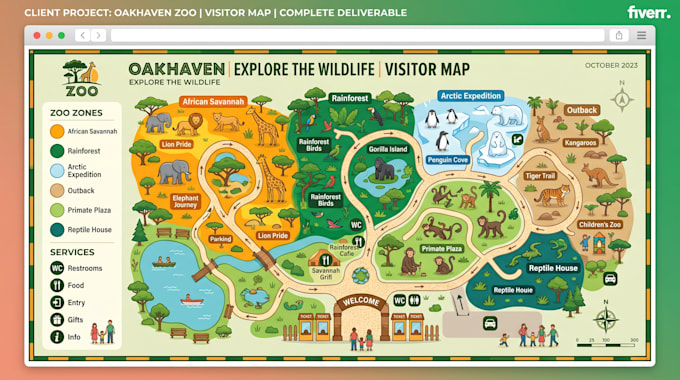 create zoo map, park map, resort map, visitor attraction guide design