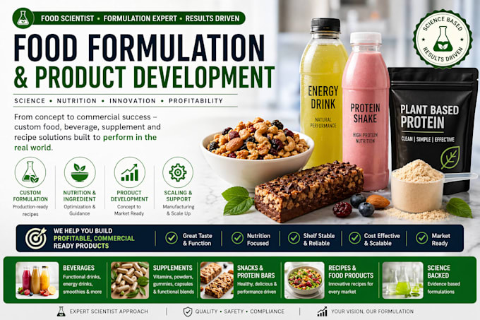 develop food formulation, beverage, supplement and recipe product development