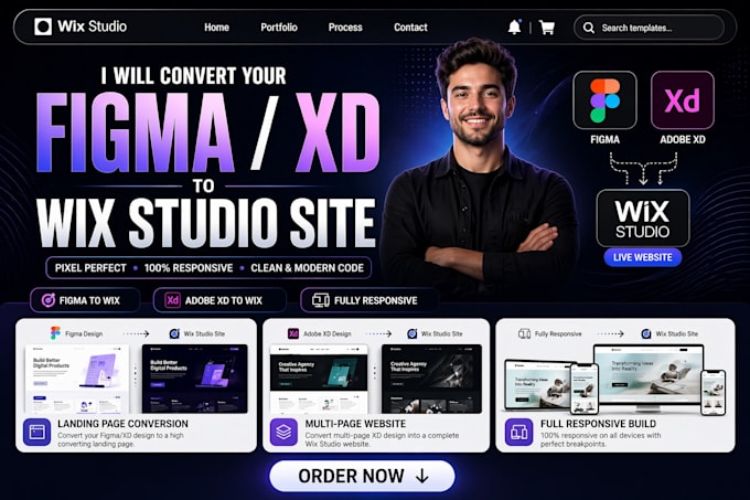 convert your figma or adobe xd design into a live wix studio site, wix website