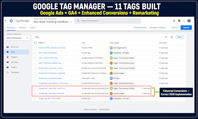 fix or set up ga4, GTM, meta pixel capi and google ads conversion tracking