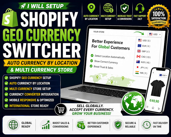 setup shopify currency converter, geo switch, international multi currency store