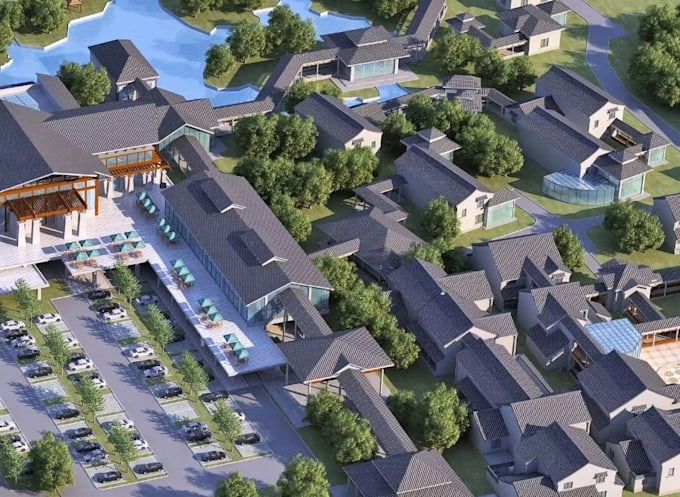cgi resort complex, community masterplan,commercial estate design,3d parking lot