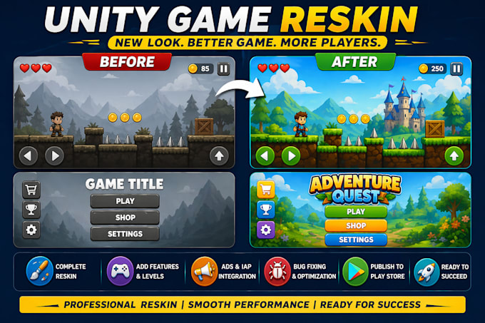 professional unity game reskin, development and publishing service