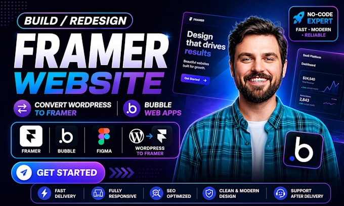 develop framer website, redesign framer, convert wordpress to framer and bubble