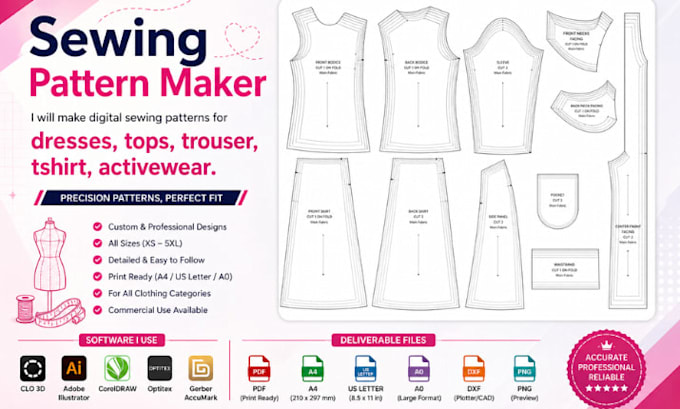 make digital sewing patterns for dresses, tops, trouser, tshirt, active wear