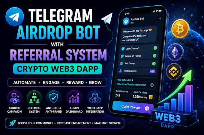 build telegram airdrop bot, referral bot, referral system crypto bot web3 dapp