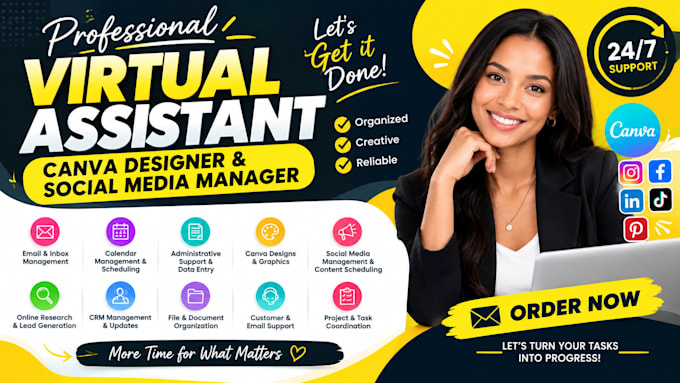 be virtual assistant, executive assistant, canva designer, social media manager