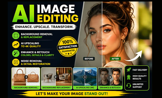 do photo enhance, background removal, replacement, upscale and ai image editing