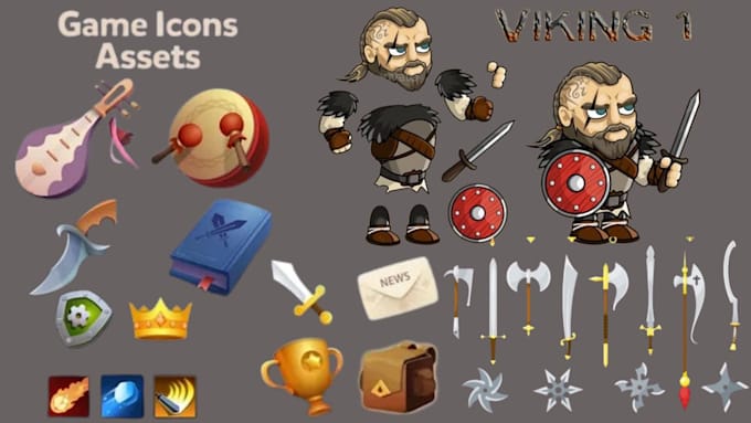 create unique 2d game assets icons props object UI character design pixel art
