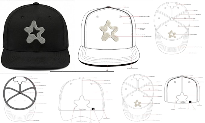 design front, side and back cap hat techpack and mockup