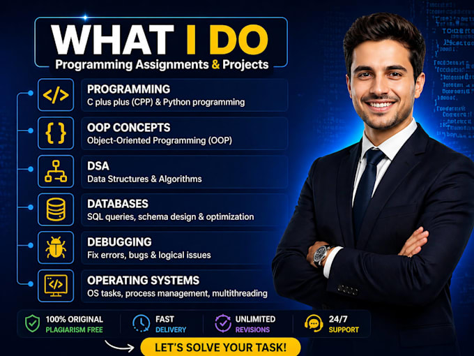 do coding assignments, debugging, cpp, python, dsa, oop, sql