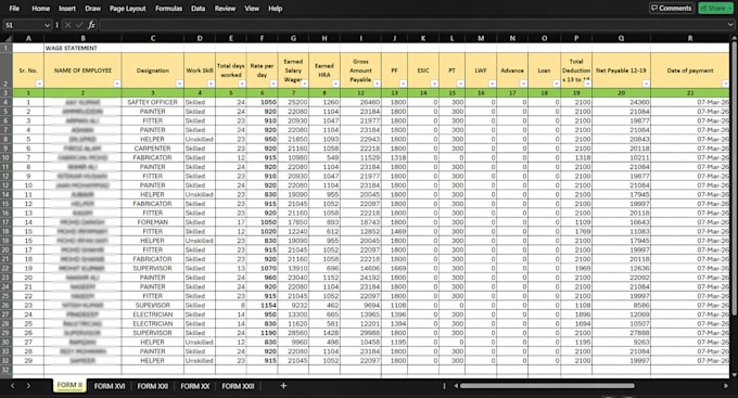 prepare excel data entry, pf, wages sheet, and payroll work
