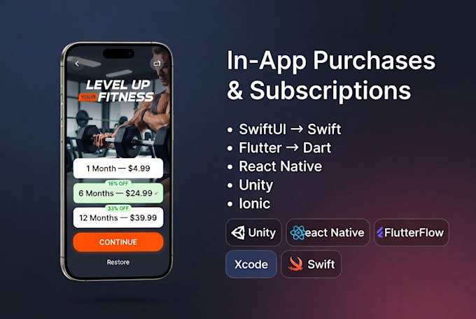 add in app purchase, revenuecat subscription, swift flutter react native