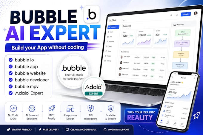 build bubble io website, mvp app or no code app using bubble and adalo expert