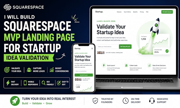 build professional squarespace landing page for startup mvp and idea validation