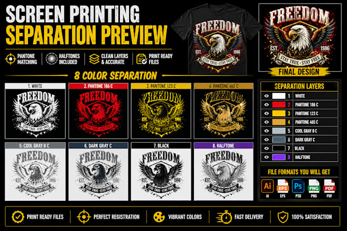 make high quality screen printing separations up to 12 colors with pantone codes