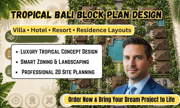 create tropical bali block plan for villa, hotel, residence
