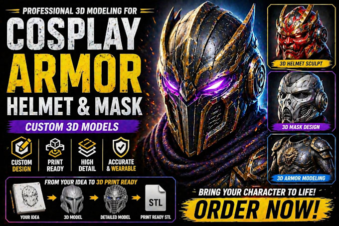 model 3d cosplay armor, 3d helmet sculpt, custom 3d mask