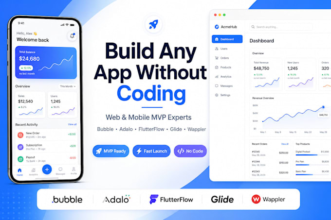 build no code app, website, mvp using bubble io adalo flutterflow glide wappler